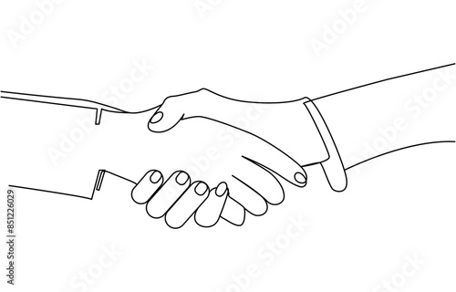 vector illustration of one continuous line of handshake, A pair of hands in a linear drawing. Continuous linear drawing of hands. Continuous line of two businessmen shaking hands vector illustration,