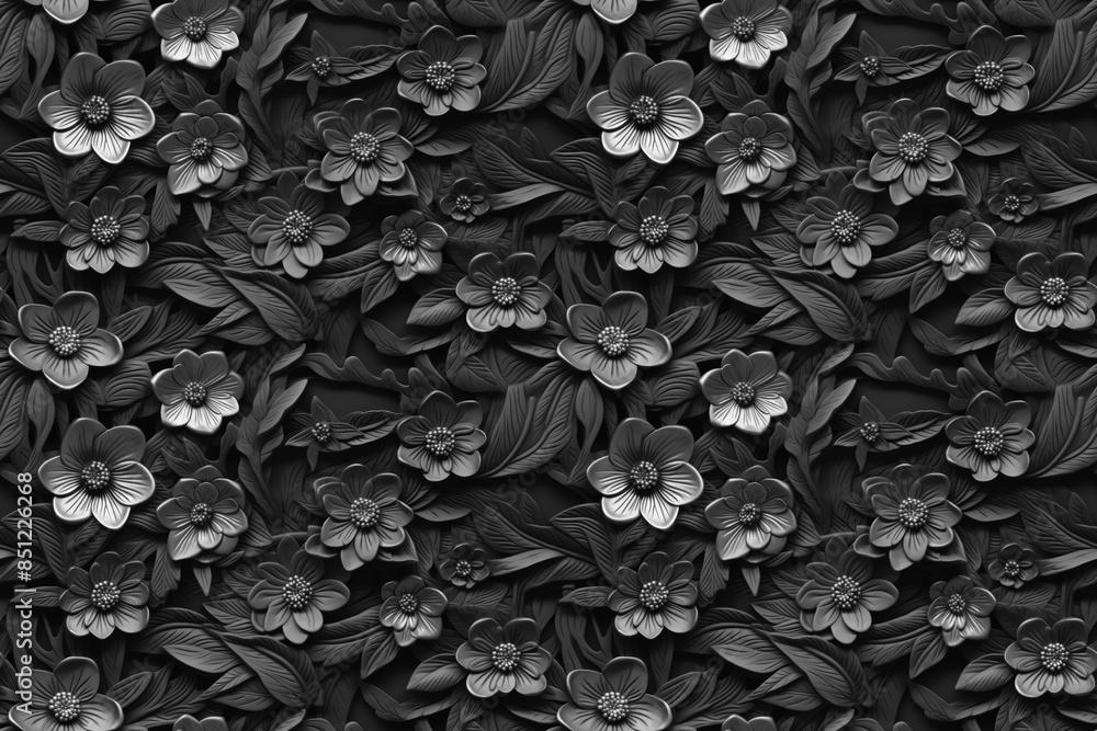 3D floral seamless pattern with black and white theme, ready for full-print pattern design 3D floral seamless pattern with black and white theme, ready for full-print pattern design