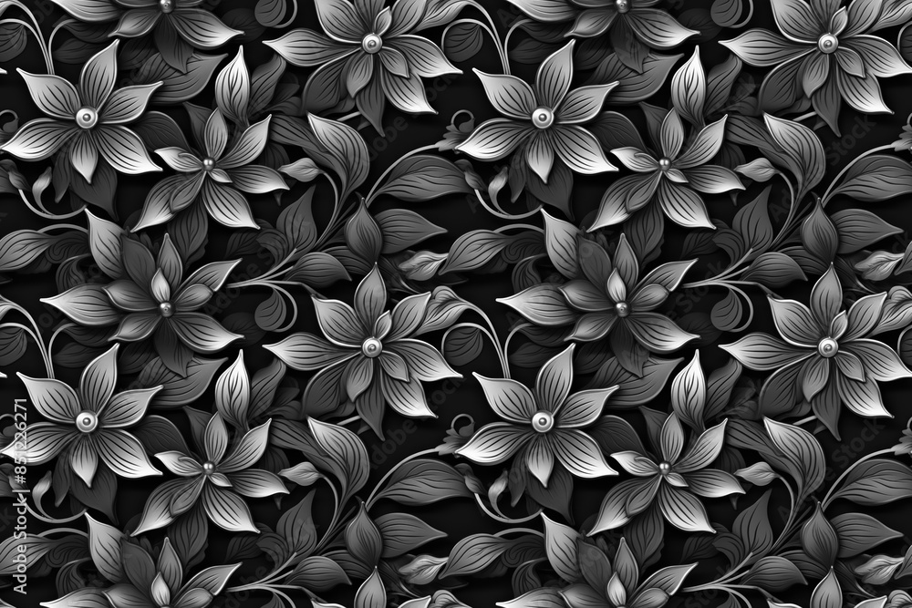3D floral seamless pattern with black and white theme, ready for full-print pattern design 3D floral seamless pattern with black and white theme, ready for full-print pattern design
