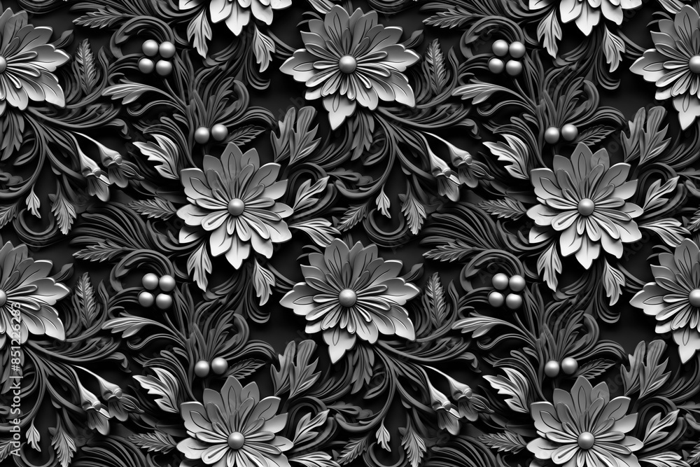 3D floral seamless pattern with black and white theme, ready for full-print pattern design 3D floral seamless pattern with black and white theme, ready for full-print pattern design