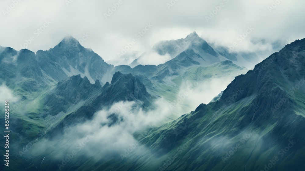 Fototapeta premium a misty mountain range shrouded in a veil of clouds,