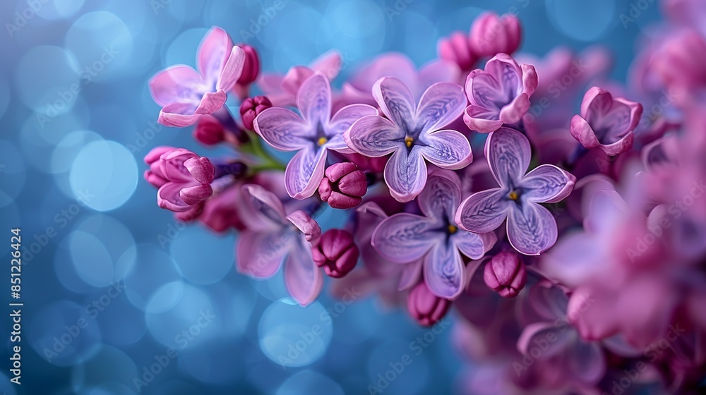 Soft-focus image of lilac blossoms against a blurred background of chambray blue, creating a dreamy atmosphere for wedding invitations or romantic themes. Abstract Backgrounds Illustration, Soft-focus image of lilac blossoms against a blurred background of chambray blue, creating a dreamy atmosphere for wedding invitations or romantic themes. Abstract Backgrounds Illustration,