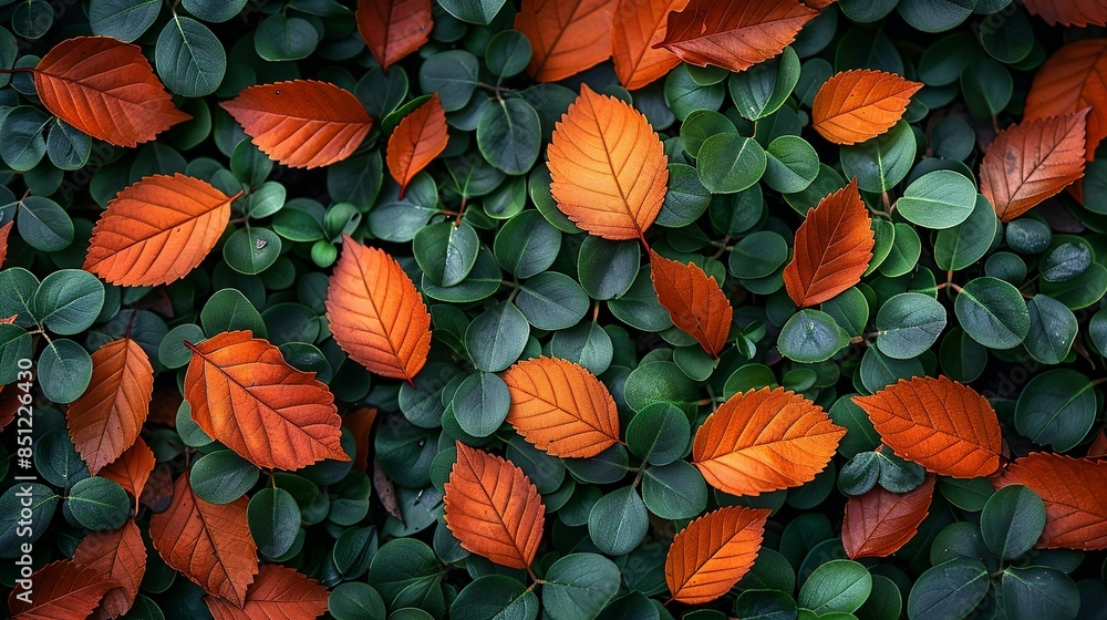 Burnt orange leaves scattered on a forest floor, contrasted against the ...