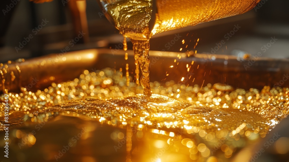 Molten metal flows out of the bucket. Soft focus