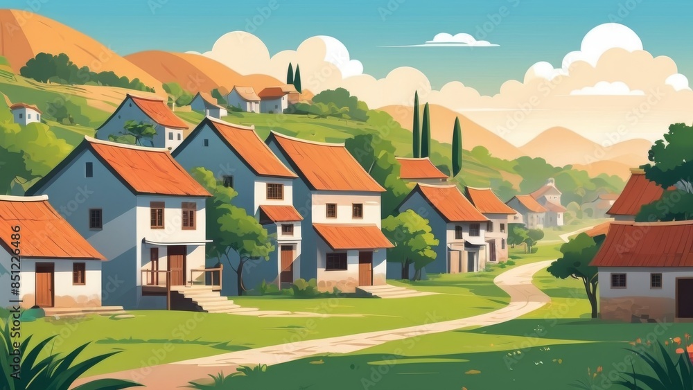 Simple village view with daytime background, Ai generated Simple village view with daytime background, Ai generated