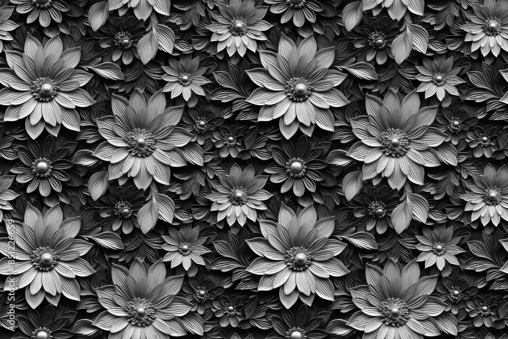 3D floral seamless pattern with black and white theme, ready for full-print pattern design 3D floral seamless pattern with black and white theme, ready for full-print pattern design