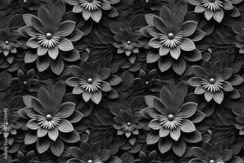 3D floral seamless pattern with black and white theme, ready for full-print pattern design