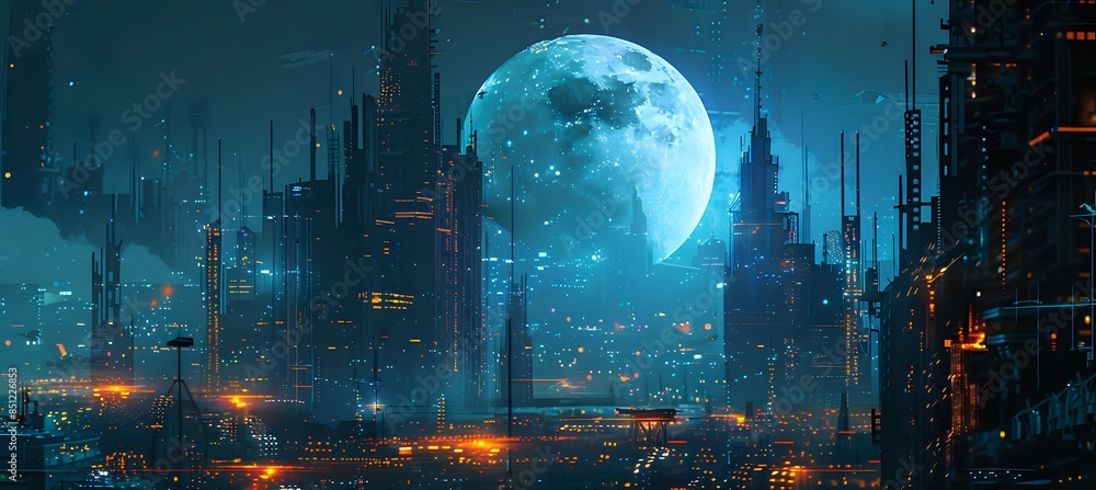 Fototapeta premium Futuristic Cityscape with Illuminated Buildings and Blue Moon