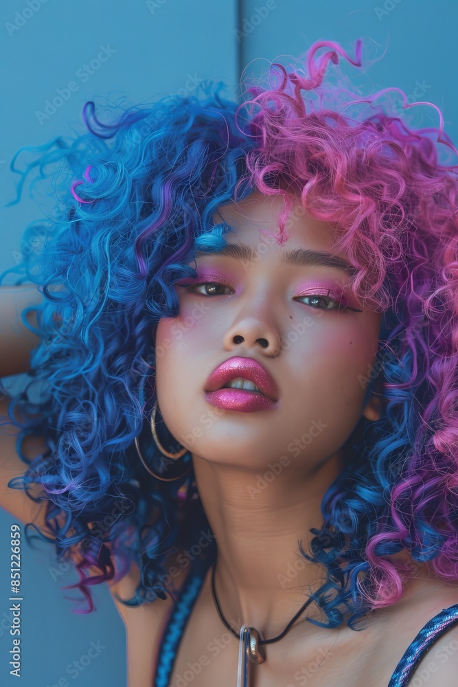 street portrait of an edgy stylish asian woman with wild curly hair street portrait of an edgy stylish asian woman with wild curly hair