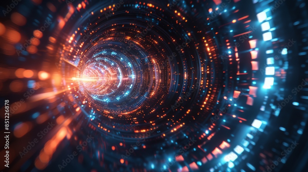 Fototapeta premium Abstract Digital Tunnel with Orange and Blue Lights