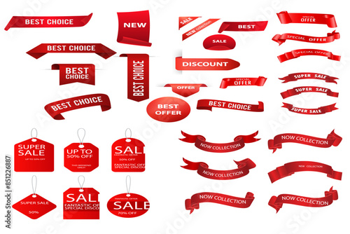 Best choice tags, vector red labels isolated on white background. Best choice 3d ribbon banners