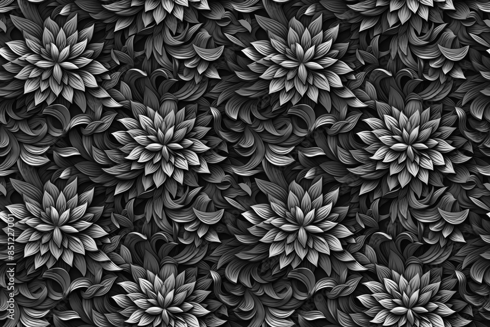 3D floral seamless pattern with black and white theme, ready for full-print pattern design 3D floral seamless pattern with black and white theme, ready for full-print pattern design