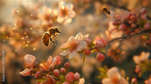 Bees busily gather nectar from delicate pink blossoms, their wings glistening in the warm sunlight amidst a dreamy, bokeh-lit background.