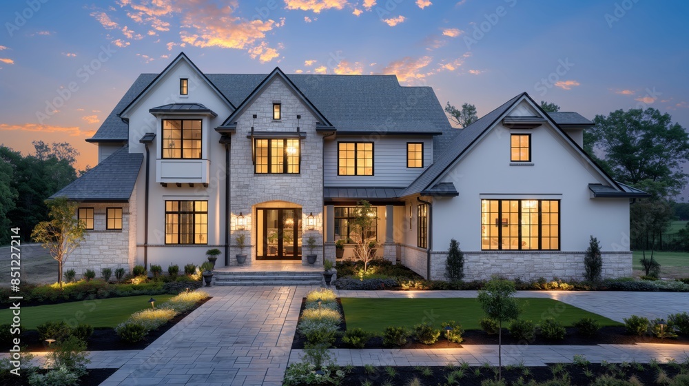 The grandeur of a sprawling estate is highlighted by twilight's soft glow, emphasizing its sophisticated charm and lush surroundings. The grandeur of a sprawling estate is highlighted by twilight's soft glow, emphasizing its sophisticated charm and lush surroundings.