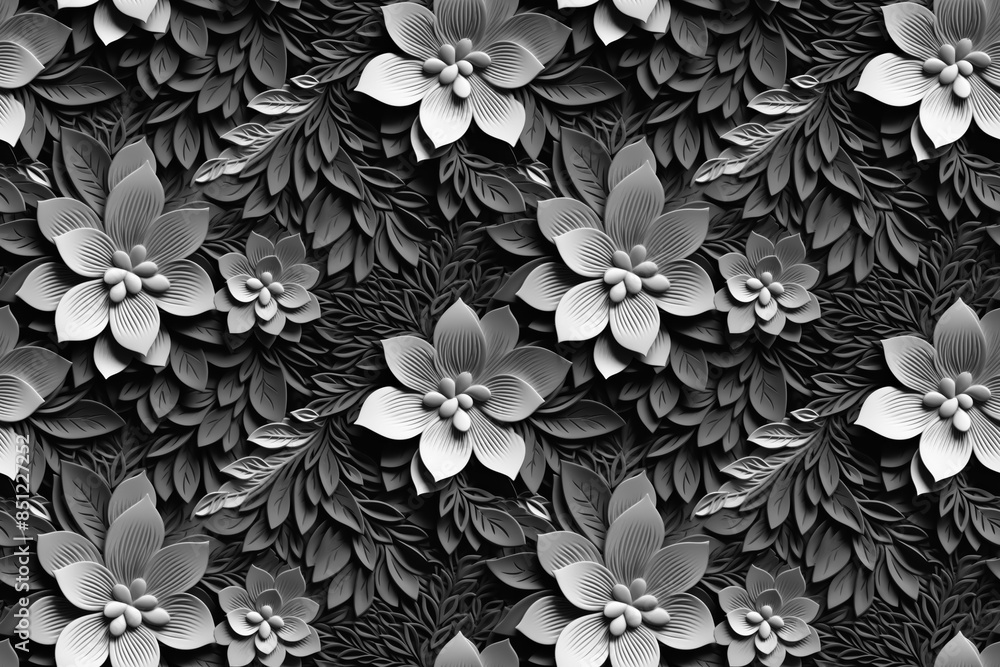 3D floral seamless pattern with black and white theme, ready for full-print pattern design 3D floral seamless pattern with black and white theme, ready for full-print pattern design