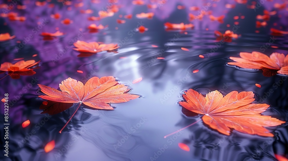 Burnt orange autumn leaves floating on a lilac pond, reflecting the changing seasons, perfect for seasonal promotions or fall-themed projects. Abstract Backgrounds Illustration, Minimalism, Burnt orange autumn leaves floating on a lilac pond, reflecting the changing seasons, perfect for seasonal promotions or fall-themed projects. Abstract Backgrounds Illustration, Minimalism,