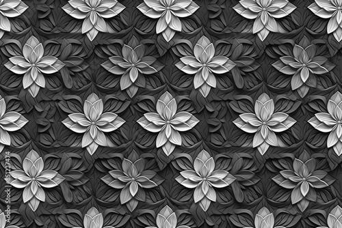 3D floral seamless pattern with black and white theme, ready for full-print pattern design