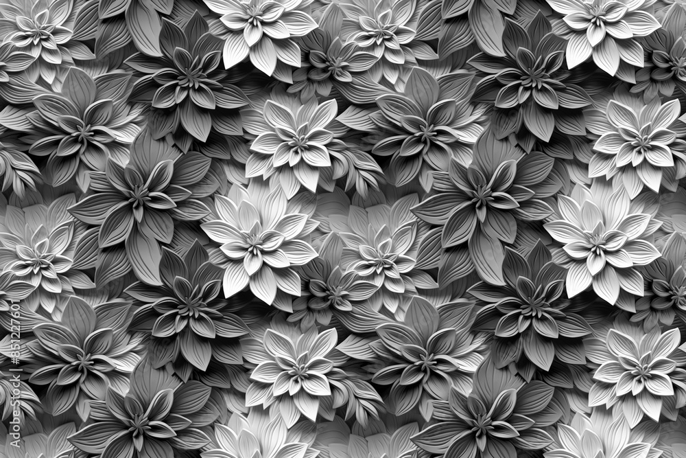 3D floral seamless pattern with black and white theme, ready for full-print pattern design 3D floral seamless pattern with black and white theme, ready for full-print pattern design