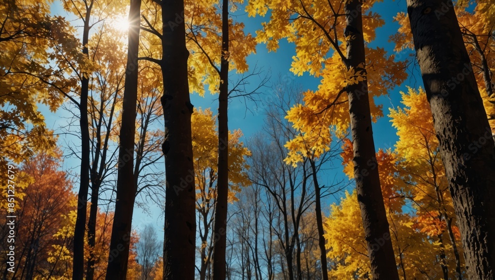 Fototapeta premium Colorful autumn landscape Beautiful autumn forest blue sky.