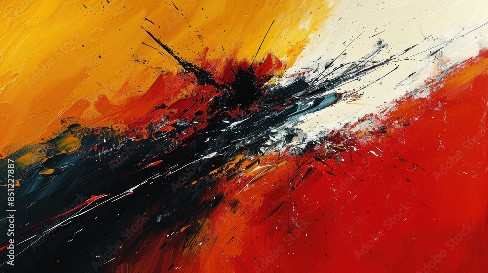 An abstract expressionist piece characterized by bold, chaotic brushstrokes and a vibrant palette of red, yellow, and black. The energetic composition captures a sense of raw emotion and spontaneity, An abstract expressionist piece characterized by bold, chaotic brushstrokes and a vibrant palette of red, yellow, and black. The energetic composition captures a sense of raw emotion and spontaneity,