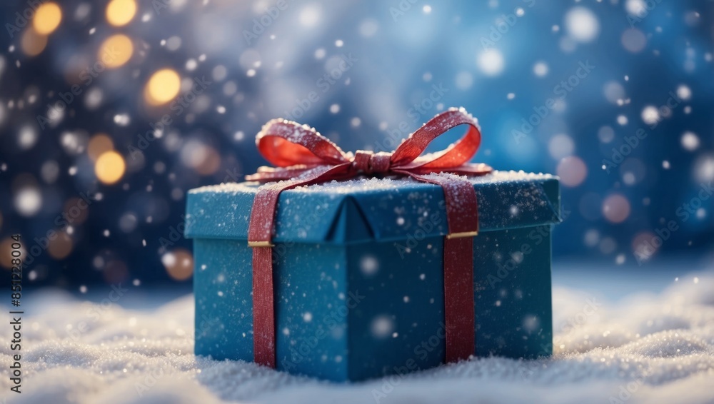 Gift box in snowfall over blue holiday background. Gift box in snowfall over blue holiday background.