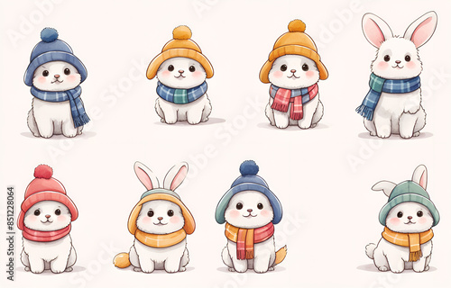 Cartoon rabbits wearing hats and necklaces, multi grid comics. Multi grid emoticons, multiple animal avatars and expressions
