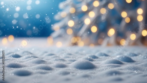 Festive Christmas natural snowy background, abstract empty stage, snow, snowdrift and defocused Christmas lights on light blue background, copy space. photo