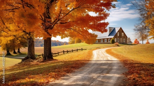 a winding road lined with golden autumn leaves leading to a charming country farmhouse  photo