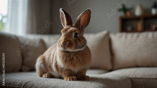 Cute little bunny on the sofa posing to the camera on blurred modern home background, copy space on empty sofa, slow life with pet lifestyle, modern Easter backgrounds.