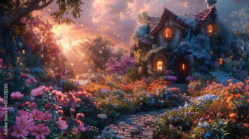 A whimsical garden with oversized, fantastical flowers and plants. The sky is a canvas of swirling pastel colors, casting a dreamlike glow over the landscape. Giant butterflies and other magical
