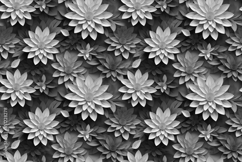 3D floral seamless pattern with black and white theme, ready for full-print pattern design