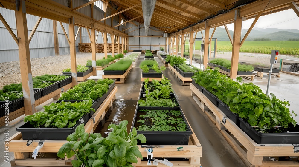 Modern greenhouse with rows of lush green plants in a sustainable agricultural setup. Eco-friendly farming concept Modern greenhouse with rows of lush green plants in a sustainable agricultural setup. Eco-friendly farming concept