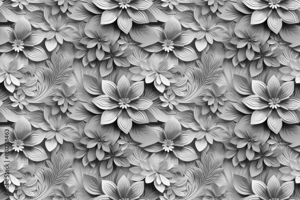 3D floral seamless pattern with black and white theme, ready for full-print pattern design 3D floral seamless pattern with black and white theme, ready for full-print pattern design