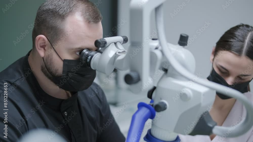 Male dentist working with dental microscope in modern stomatology clinic. Doctor using microscope for root canal treatment. Stomatologist performs a surgical operation. Cosmetic dentistry and surgery. Male dentist working with dental microscope in modern stomatology clinic. Doctor using microscope for root canal treatment. Stomatologist performs a surgical operation. Cosmetic dentistry and surgery.