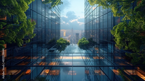 A panoramic view of a sleek, contemporary glass skyscraper reflecting the cityscape. The building features clean lines and geometric patterns, representing modern architectural design in an urban photo