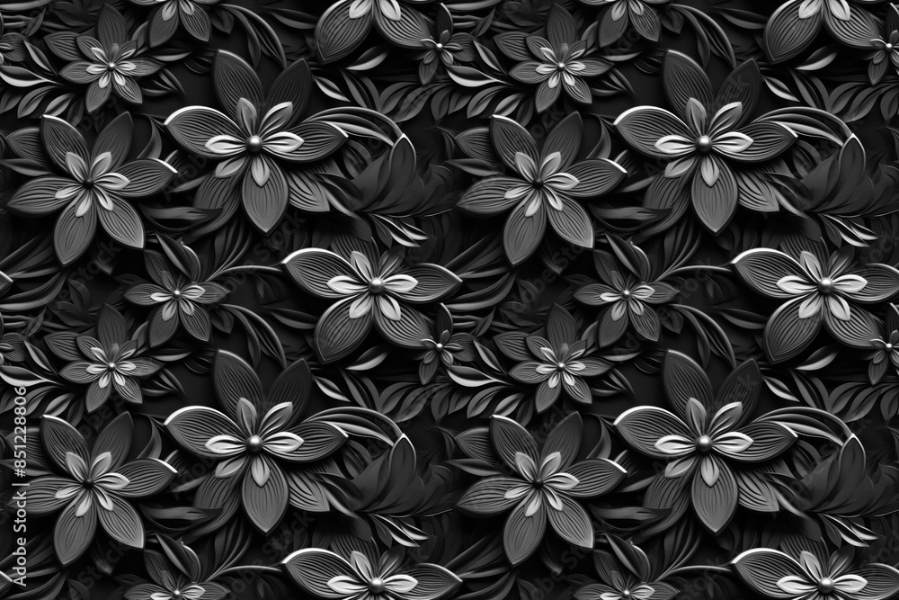 3D floral seamless pattern with black and white theme, ready for full-print pattern design 3D floral seamless pattern with black and white theme, ready for full-print pattern design