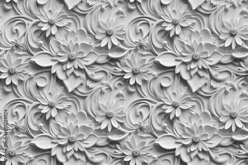 3D floral seamless pattern with black and white theme, ready for full-print pattern design