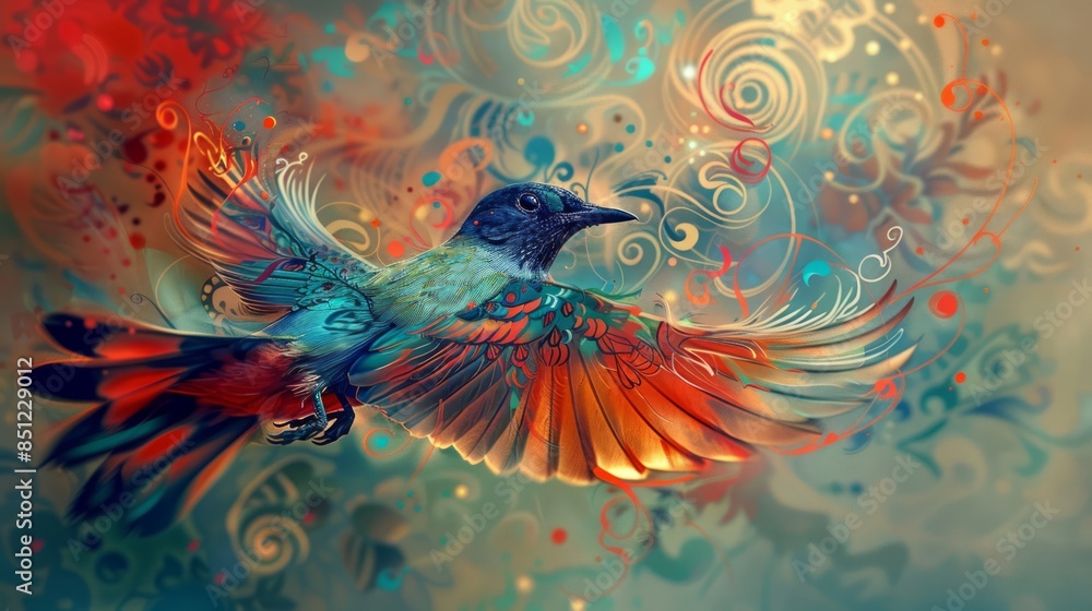 Colorful Bird in Flight with Abstract Background Colorful Bird in Flight with Abstract Background