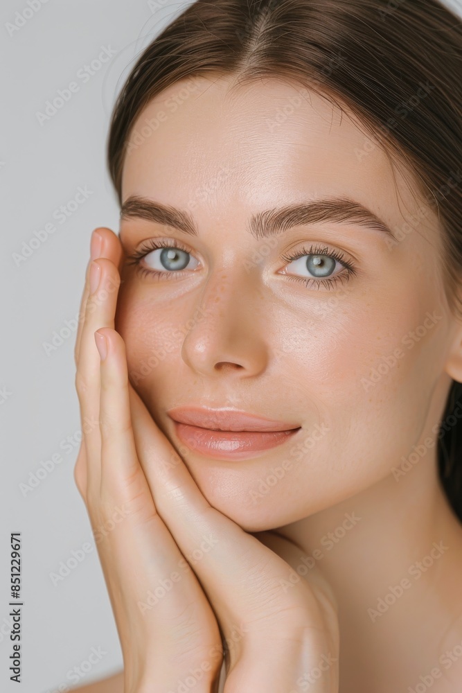 Woman with beautiful face touching healthy facial skin portrait Woman with beautiful face touching healthy facial skin portrait
