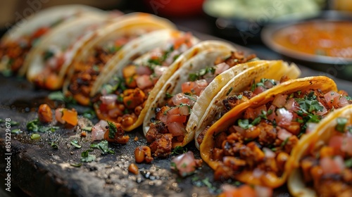 A close-up of delicious street tacos being prepared, with various toppings and sauces laid out in a bustling outdoor food stall. The focus is on the mouthwatering details of these international