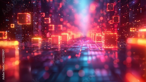 Wallpaper Mural An abstract digital artwork featuring geometric shapes and vibrant colors reminiscent of 1980s arcade games. Pixelated elements and glowing grids create a dynamic and retro-futuristic atmosphere, Torontodigital.ca