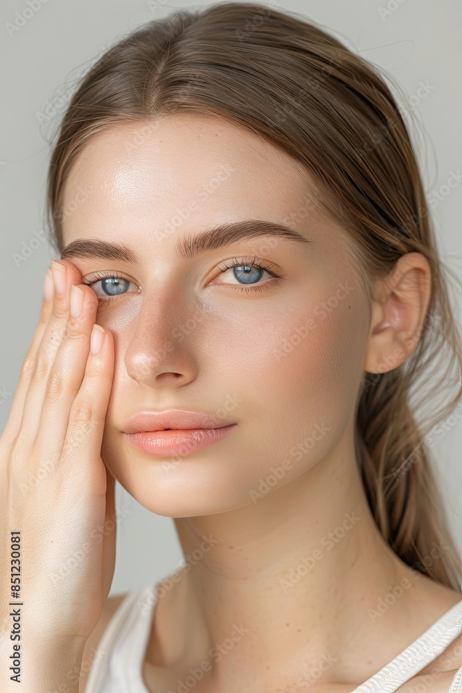 Woman with beautiful face touching healthy facial skin portrait Woman with beautiful face touching healthy facial skin portrait