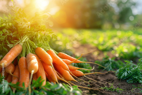 close up of bunch of carrots on the ground in an organic farm with soft sunset light, closeup view. fresh vegetables from garden background. 