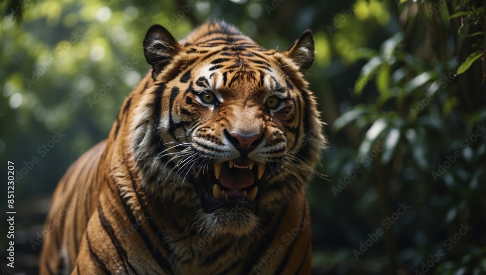 Fototapeta premium Close-up view of a tiger with an evil grin and jungle, explosive wildlife.