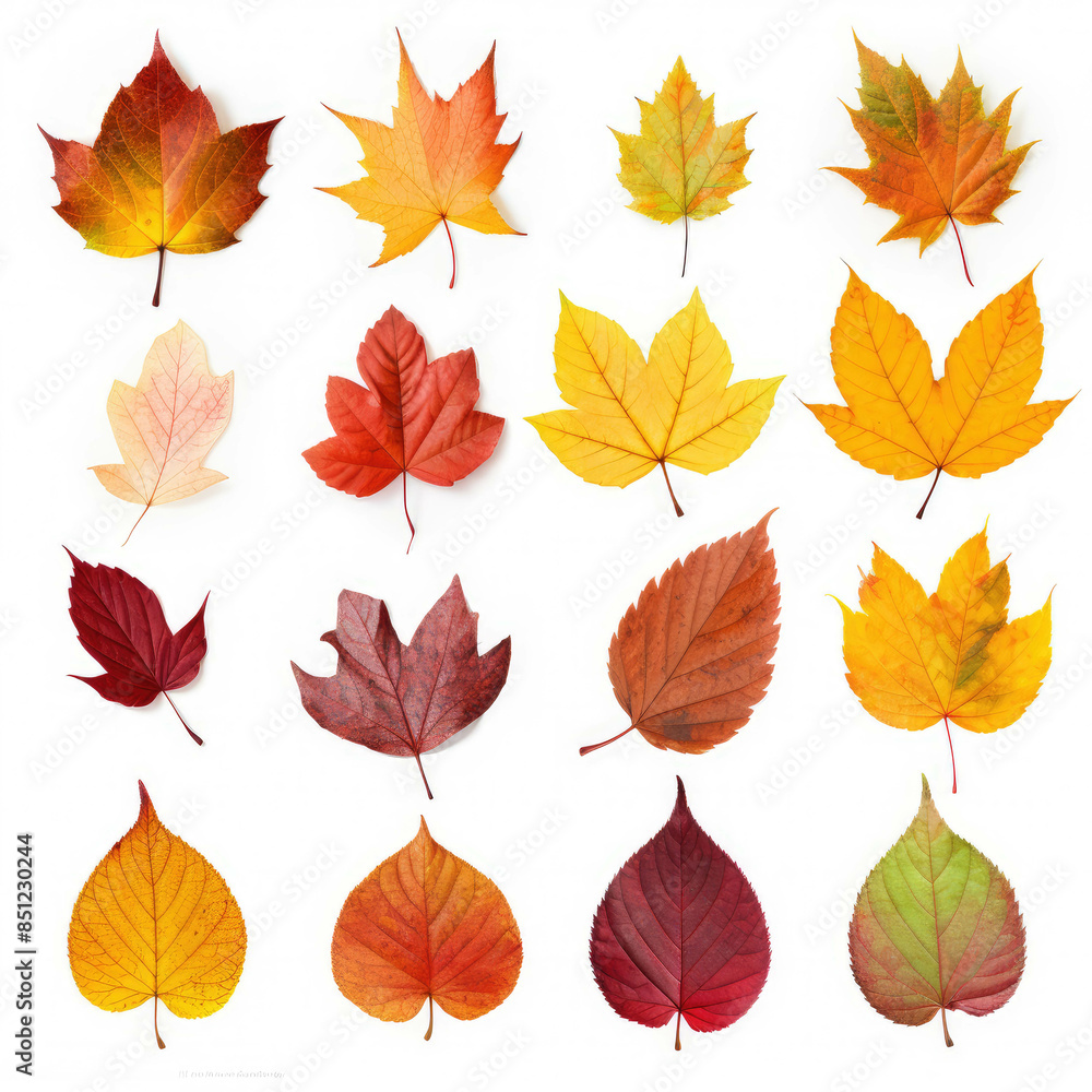 Set of autumn leaves on a white background of colors including yellow, orange, and brown leaves Set of autumn leaves on a white background of colors including yellow, orange, and brown leaves