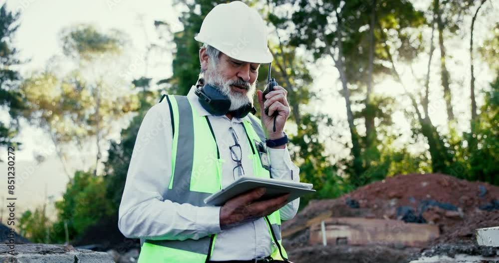 Mature, man and radio with tablet outdoor with foreman for instructions, problem solving and project management. Landscape architect, wireless transmission and online for sustainable plan review. Mature, man and radio with tablet outdoor with foreman for instructions, problem solving and project management. Landscape architect, wireless transmission and online for sustainable plan review.
