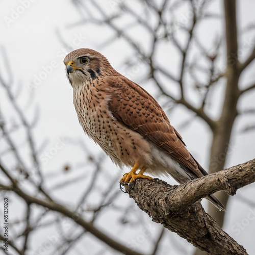 "A kestrel perched on a high branch on a white background."