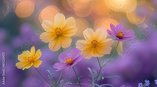 Close-up of vibrant sunshine yellow flowers against a blurred background of lilac blossoms, offering a cheerful backdrop for floral-themed designs or greeting cards. Abstract Backgrounds