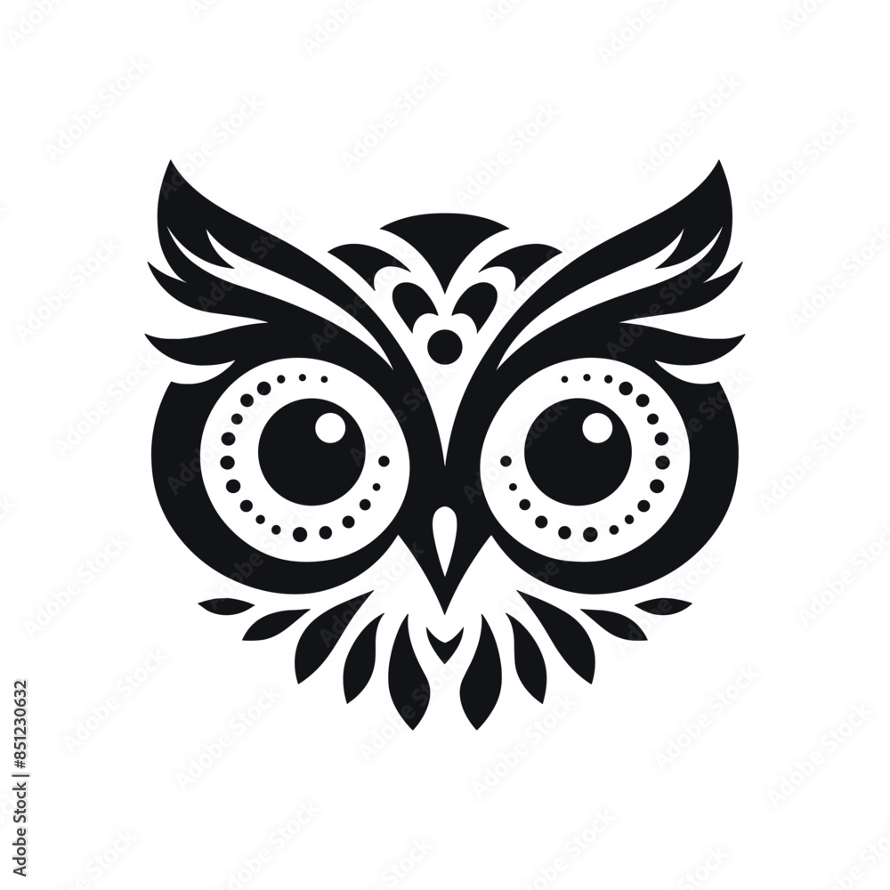 Obraz premium Artistic Owl Clipart: Black Silhouette of an Ornate Owl Face with Big Eyes