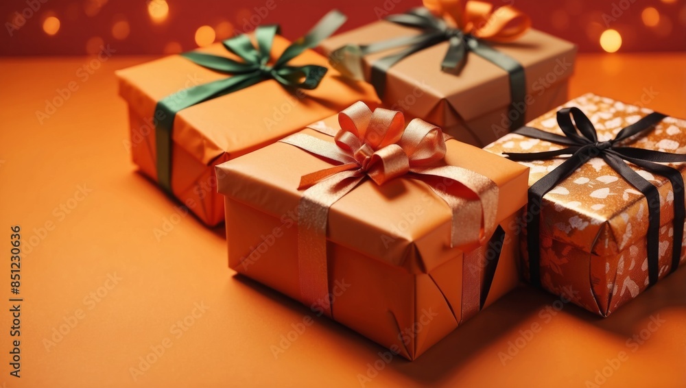 Gift present boxes on orange background Flat lay Top view with space for text. Gift present boxes on orange background Flat lay Top view with space for text.